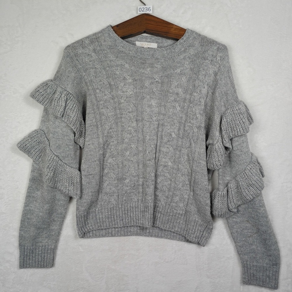 WAYF Gray Cable Knit Ruffle Sleeve Sweater Womens Smallā Crewneck Heathered Grey